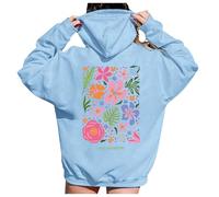 Generisch Sweat à capuche avec imprimé floral et slogan et cordon de serrage pour les vacances/les loisirs, bleu ciel, XL