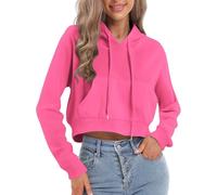 Generisch Sweat à capuche court à nouer pour femme - Sweat à capuche court zippé avec cordon de serrage à l'ourlet - Veste de survêtement décontractée pour le sport et les loisirs, Stil_a05 Rose vif