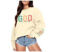 Generisch Sweat à capuche décontracté à col rond pour femme avec imprimé Dieu Manches longues Haut basique pour tous les jours Vacances Fournitures de base polyvalentes Veste de jogging, beige, M
