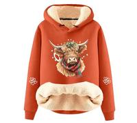 Generisch Sweat à capuche décontracté pour femme avec motif de vache charmant, doublure en polaire douce pour un confort tendance et une chaleur agréable en hiver, Orange, XXL