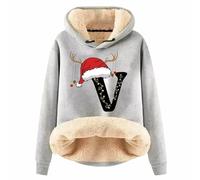 Generisch Sweat à capuche d'hiver pour femme avec lettres de Noël imprimées, tissu en laine chaude, design tendance, style décontracté confortable, sweat-shirt douillet pour les saisons froides, Gris