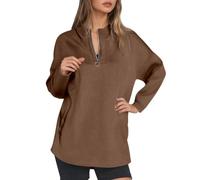 Generisch Sweat à capuche d'hiver semi-zippé pour femme avec col haut et fermeture éclair, marron, S