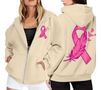 Generisch Sweat à capuche femme sweat à capuche polaire sensibilisation au cancer du sein mois poche zippée cordon de serrage sweat à manches longues vêtements de sport d'hiver décontracté chaud