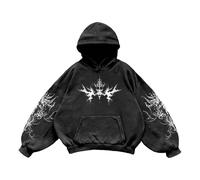 Generisch Sweat à capuche gothique pour homme avec graphique tribal, sweat à capuche surdimensionné de style Y2K, sweat streetwear délavé avec imprimé sombre, Style_h01 Noir, L