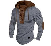 Generisch Sweat à capuche médiéval pour homme, chemise à lacets, blocage des couleurs, sweat à capuche, style Renaissance, style victorien, gothique, steampunk, Halloween, cosplay, gris, XXL