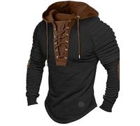Generisch Sweat à capuche médiéval pour homme, chemise à lacets, blocage des couleurs, sweat à capuche, style Renaissance, style victorien, gothique, steampunk, Halloween, cosplay, Noir , XXL