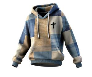 Generisch Sweat à capuche pour femme de style patchwork - Sweat à capuche avec différents motifs de tissu et imprimé croix | Sweat-shirt streetwear chrétien pour la foi, Style N01 Bleu, M
