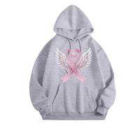 Generisch Sweat à capuche pour femme pour la sensibilisation au cancer du sein - Sweat à capuche surdimensionné avec ruban rose et ailes - T-shirt de déclaration inspirant comme signe de force, Style