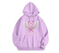 Generisch Sweat à capuche pour femme pour la sensibilisation au cancer du sein - Sweat à capuche surdimensionné avec ruban rose et ailes - T-shirt de déclaration inspirant comme signe de force, Style
