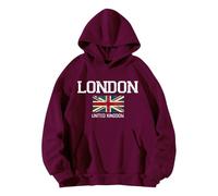 Generisch Sweat à capuche pour femme - Sweat à capuche surdimensionné - Avec imprimé des lettres United Londres - Automne - Hiver - Décontracté - Manches longues - Coton - Haut à capuche - Pull long