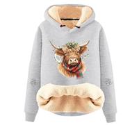 Generisch Sweat à capuche Sherpa pour femme avec bœuf des Highlands de Noël - Sweat à capuche douillet avec doublure en peluche et guirlande lumineuse - Sweat-shirt doux pour l'hiver, Style N07 Gris