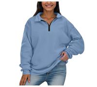 Generisch Sweat à capuche sportif à manches longues avec demi-fermeture éclair pour femme, élégant et confortable pour toute la journée, bleu clair, L