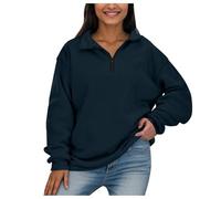 Generisch Sweat à capuche sportif à manches longues avec demi-fermeture éclair pour femme, élégant et confortable pour toute la journée, bleu foncé, M