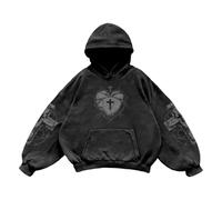 Generisch Sweat à capuche surdimensionné unisexe avec motif cœur sacré - Pull à capuche de style gothique avec imprimé épines | Pull streetwear délavé, Stil_y02 Noir, 3XL