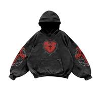 Generisch Sweat à capuche surdimensionné unisexe avec motif cœur sacré - Pull à capuche de style gothique avec imprimé épines | Pull streetwear délavé, Stil_y01 Noir, 6XL