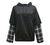 Generisch Sweat à capuche unisexe au look superposé avec manches à carreaux - Sweat à capuche de style streetwear et e-boy - Aspect deux pièces avec de fausses bretelles, Stil_r01 Noir, XL