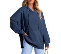 Generisch Sweat-shirt à capuche surdimensionné pour femme en tricot gaufré doux à manches longues avec fentes latérales et poche kangourou, bleu marine, M