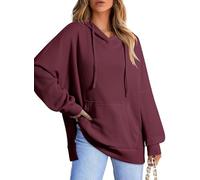 Generisch Sweat-shirt à capuche surdimensionné pour femme en tricot gaufré doux à manches longues avec fentes latérales et poche kangourou, Bordeaux, XXL