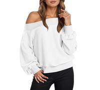 Generisch Sweat-shirt à épaules dénudées pour femme avec manches ballon - Pull décontracté à col Carmen - Pull chaud pour un look féminin, Style_b08 Blanc, L