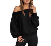 Generisch Sweat-shirt à épaules dénudées pour femme avec manches ballon - Pull décontracté à col Carmen - Pull chaud pour un look féminin, Style_b02 Noir, L