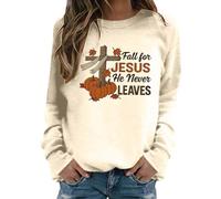 Generisch Sweat-shirt à manches longues pour femme avec col rond imprimé, pull décontracté pour l'hiver, design de lettres confortable, coupe ample, pull avec, beige, XL