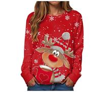 Generisch Sweat-shirt de Noël pour femme avec joli motif de renne, pull à manches longues avec imprimé flocon de neige | Haut confortable pour la période de l'Avent, Style_n05 Rouge, S