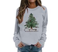 Generisch Sweat-shirt de Noël pour femme avec sapin sur traîneau - Pull à manches longues avec motif festif - Haut décontracté pour l'hiver, Style_e04 Gris, S