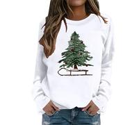 Generisch Sweat-shirt de Noël pour femme avec sapin sur traîneau - Pull à manches longues avec motif festif - Haut décontracté pour l'hiver, Style_e07 Blanc, M