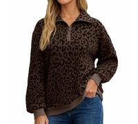 Generisch Sweat-shirt décontracté à col montant en peluche avec fermeture éclair 1/4 - Pull d'hiver en polaire - Manches longues - Pull en polaire - Léopard - Patchwork - Veste d'hiver mi-saison, O