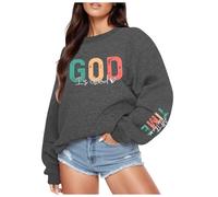 Generisch Sweat-shirt décontracté à col rond à manches longues avec imprimé Dieu, haut basique pour la vie quotidienne, tenue de vacances, aliment de base polyvalent, gris foncé, S