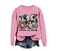Generisch Sweat-shirt décontracté pour femme avec imprimé de lettres d'animaux de vache mignon, col rond, pull à manches longues pour femme avec paillettes, Rose, M
