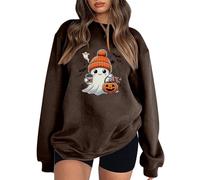 Generisch Sweat-shirt d'Halloween pour femme avec esprit mignon - Pull d'automne confortable avec motif café - Joli t-shirt à manches longues pour la saison des citrouilles, Style_i02 Marron, S
