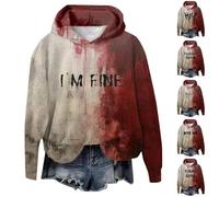 Generisch Sweat-shirt d'Halloween pour femme « I'm Fine Print Sweatshirt à capuche à manches longues Pull à capuche surdimensionné » Imprimé Blood Must Automne Hiver Pull Décontracté Rétro Sweats à