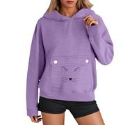 Generisch Sweat-shirt en polaire pour femme avec imprimé chat mignon pull à capuche en coton respirant coupe-vent sweat à capuche avec un sac pour animaux de compagnie Y2K t-shirt à manches longues