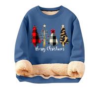 Generisch Sweat-shirt polaire d'hiver pour femme extra épais chaleur arbre de Noël lettres imprimé peau d'agneau col rond pull sans, bleu, 5XL