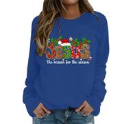 Generisch Sweat-shirt pour femme avec déclaration de Noël chrétienne « Jésus » - Pull avec mélange de motifs et inscription « The Reason for The Season » - Haut festif, Style_w03 Bleu, M