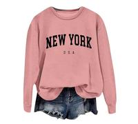 Generisch Sweat-shirt pour femme avec imprimé « New York U.S.A » - Pull décontracté de style universitaire - Pull à col rond pour un look décontracté au quotidien, Stil_k04 Rose, XXL