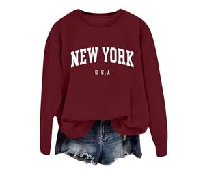 Generisch Sweat-shirt pour femme avec imprimé « New York U.S.A » - Pull décontracté de style universitaire - Pull à col rond pour un look décontracté au quotidien, Stil_k05 Bordeaux, XXL