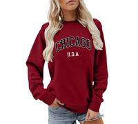 Generisch Sweat-shirt pour femme avec inscription Chicago - Pull à manches longues de style collège - Haut décontracté avec col rond pour le quotidien, Style_h01 rouge, S