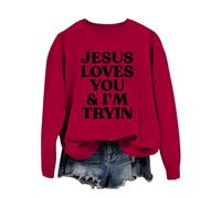 Generisch Sweat-shirt pour femme avec lettres imprimées, col rond, manches longues, sweat-shirt décontracté pour femme, tableau des tailles, rouge, XL