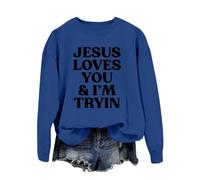 Generisch Sweat-shirt pour femme avec lettres imprimées, col rond, manches longues, sweat-shirt décontracté pour femme, tableau des tailles, bleu, XL