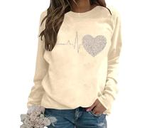 Generisch Sweat-shirt pour femme avec motif battement de cœur - Pull avec cœur léopard et détails scintillants - T-shirt à manches longues avec col rond pour les loisirs, Style_d01 Beige, S
