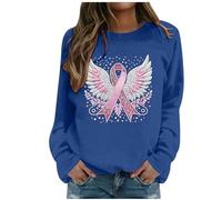 Generisch Sweat-shirt pour femme avec motif de sensibilisation au cancer du sein - Pull à manches longues avec nœud rose et ailes d'ange - Haut de déclaration pour la force et l'espoir, Style_r03 Bleu