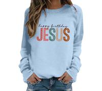 Generisch Sweat-shirt pour femme « Happy Birthday Jésus » - Pull de Noël avec inscription colorée - T-shirt décontracté à manches longues pour la saison festive, Style_b03 Bleu, L