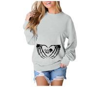 Generisch Sweat-shirt pour femme - Motif squelette d'Halloween - Col rond - Manches longues - Couleur unie - T-shirt élégant - Chemisier long - Tunique surdimensionnée - Streetwear, O gris., S