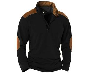 Generisch Sweat-shirt pour homme avec col montant, demi-fermeture éclair en coton, pull de travail contrasté avec coudières, sweat baggy, sweat à capuche sans capuche, Noir , XXL