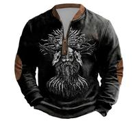 Generisch Sweat-shirt pour homme avec motif viking sombre - Pull avec crâne chaman et runes - T-shirt à manches longues avec col zippé et look usé, Style N01 Noir, 3XL