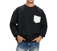 Generisch Sweat-shirt pour homme sans capuche couleur unie col rond pull homme décoration de poche sweat tissu doux haut confortable vintage couleur contrastée sweatshirts d'extérieur, Noir , 6XL
