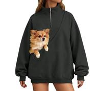Generisch Sweat-shirt sans capuche avec fermeture éclair quart de longueur, poche et boucle pour chat, pull en polaire confortable et doux, haut décontracté, gris foncé, M