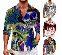 Generisch Sweat-shirt sans capuche pour homme - Pull imprimé 3D - Manches longues - Avec tête de mort - Vintage - Chemise hawaïenne - Chemise de plage - Loisirs - Chemise d'été légère - Chemise de